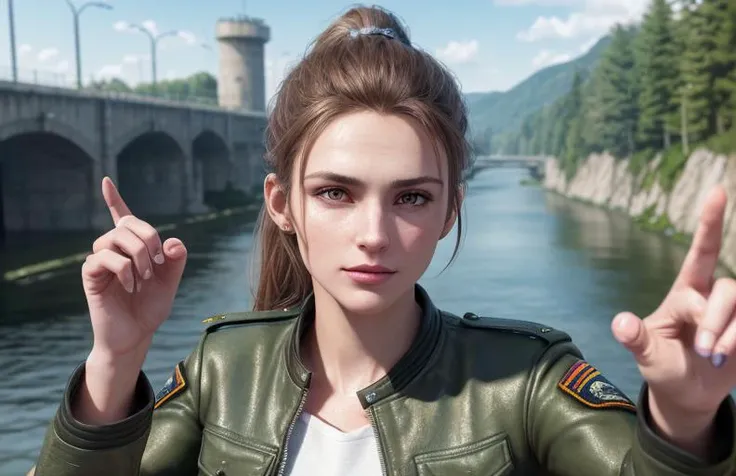 analog style, photo of a woman, 24yo, (1woman), (brown ponytail), ((pretty face: 1.7, perfect face:1.5)),
pale skin, shinny skin, sunglasses, ((militar jacket)), gesturing with hands, in a concrete usine over a river, waterfall,
8k, 3d, (best quality:1.5, hyperrealistic:1.5, photorealistic:1.4, madly detailed CG unity 8k wallpaper:1.5, masterpiece:1.3, madly detailed photo:1.2), (hyper-realistic lifelike texture:1.4, realistic eyes:1.2), (octane render, unreal engine 5)