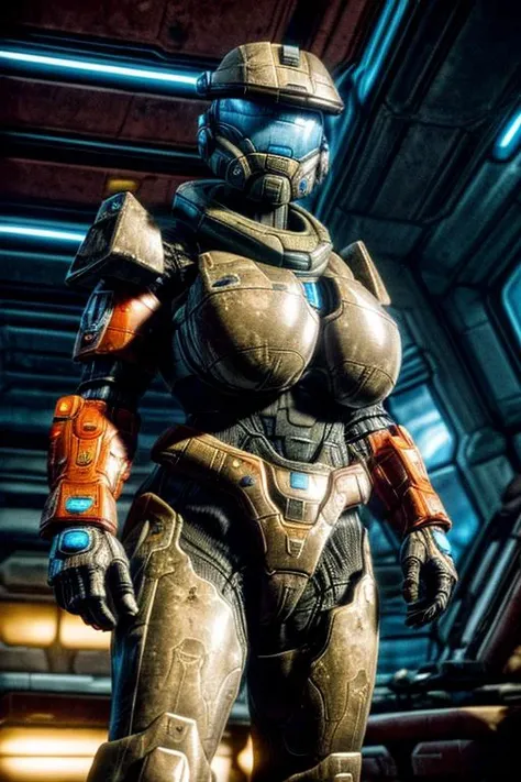 <lora:spartan halo:1>, (spartan,no helmet,gloves, power armor, science fiction, crotch plate, breastplate:1.3),<lora:add_detail:1>,<lora:more_details:1>,<lora:clothing details_v1.2_lbw:1.2>,ultra-detailed,best quality,masterpiece,highest detailed,16k,8k,ultra highres,absurdres,highres,HDR,intricate detail,high resolution,(extremely detailed face,extremely detailed eyes,extremely detailed body,extremely detailed breast,extremely detailed hair:1),Beautiful body,Beautiful Nose,perfect eyes,perfect face,expressive eyes,perfect balance,sharp focus,flawless,extreme detail description,delicate hair details,RAW,<lora:detail_slider_v4:2>,, white skin, caucasian, woman, adult, 39 year old, best quality, standing, arms behind back, blush, sweat, heavy breathing, slim, (armor, science fiction, soldier:1.1), pretty jewelry collar, huge breasts, large breasts, wide hips, neat hair, very long dark brown hair, blue eyes, natural eyebrows, Croatian, (smile, grin, loving expression, looking at viewer, confident, smirk), eyebrow piercing, navel piercing, healthy, (simple stud in one eyebrow), (soft and round breast, resting heavily against her chest, outward beyond her sides:1),(puffy nipples),