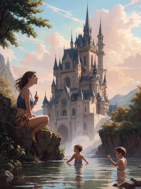 summer camp, children playing in water, gorgeous, amazing, highly detailed, digital painting, artstation, concept art, sharp focus, illustration, art by artgerm and greg rutkowski and alphonse mucha