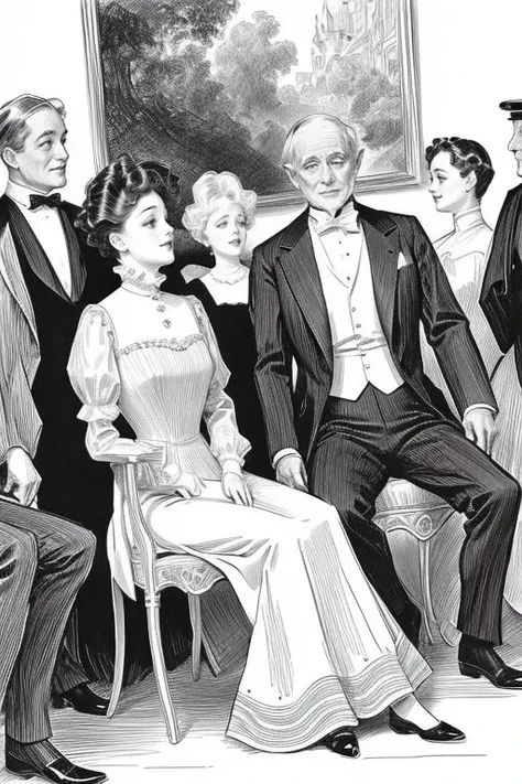 portrait of a a woman is sitting in a chair surrounded by suitors, by Charles Dana Gibson <lora:cdg_v1:1>