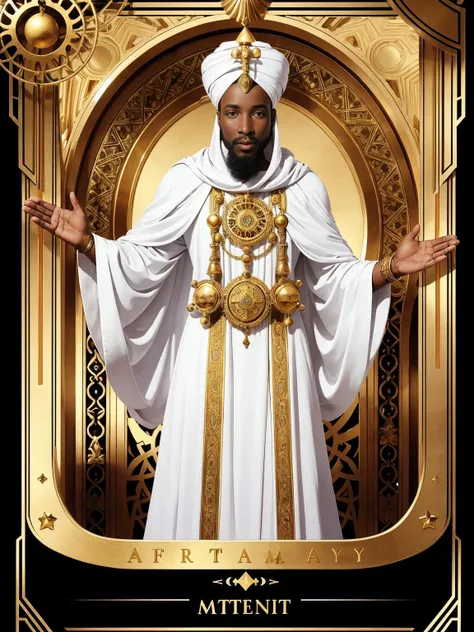 symmetry!! an african moor wearing white robes and turban in the valley of the kings at sunset. ornate, golden, steampunk stargate. front game card.