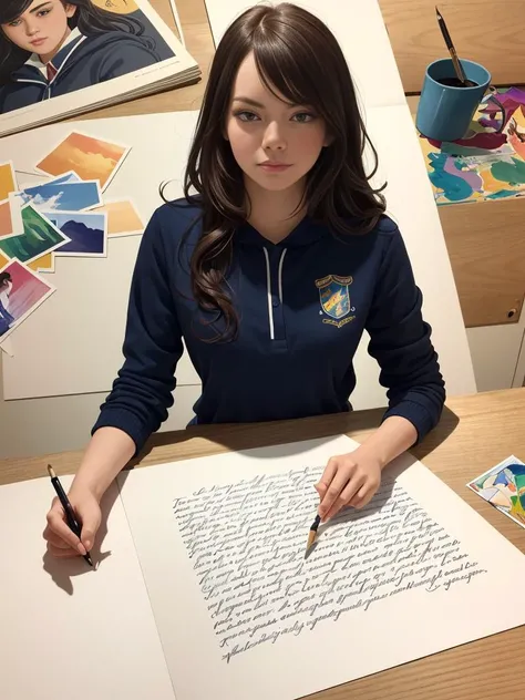 a richly detailed color illustration depicting Emma Stone as a surrounded by beautiful cursive writing, large format image. illustrated by Artgerm and Mina Petrovic and Timothy Kong and Marina Federovna. 3D shadowing.