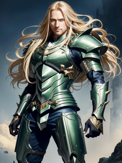 a detailed manga full body portrait illustration of a man with long blonde hair and blue eyes wearing evil green spiked armour by hirohiko araki and alphonse mucha, detailed artwork, realism, 4 k resolution, detailed, high quality, sharp focus, hq artwork, insane detail, volumetric lighting, character concept art, fine details, clear subject, central subject
