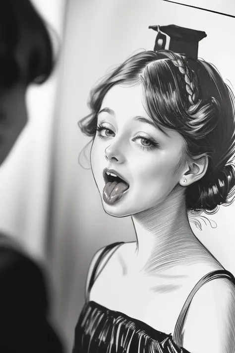 ((drawing, drawn, illustration)), portrait of beautiful very young woman, gibson girl, by Charles Dana Gibson <lora:cdg_v1:1>, ((with Cherry Pie Red Short golden pixie with side fringe hairstyle, hair)) (((ahegao expression))), Posing as if painting a picture, ((flat_chested)), (((telephoto shot, image taken at Reflective Light, bokeh, College Yearbook Photo ))) BREAK (())