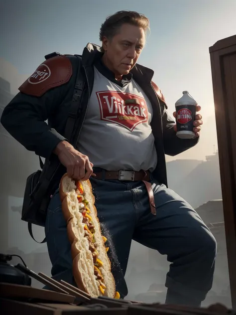 a highly detailed epic cinematic concept art CG render digital painting artwork costume design: Christopher Walken as a depressed milkman eating a massive hamburger, voluptuous sesame seed bun, extra ketchup and pickles and onions . By Greg Rutkowski, Ilya Kuvshinov, WLOP, Stanley Artgerm Lau, Ruan Jia and Fenghua Zhong, trending on ArtStation, made in Maya and Photoshop, octane render, excellent composition, cinematic atmosphere, dynamic dramatic cinematic lighting, aesthetic, very inspirational, arthouse