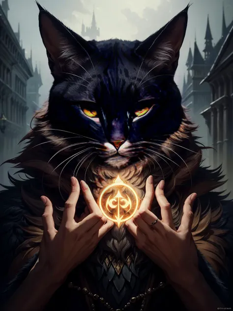 Cat, Anthropomorphized, casting evil spell, magic the gathering artwork, D&D, fantasy, centered, symmetrical, highly detailed, artstation, concept art, sharp focus, 8k, art by Akihiko Yoshida and Greg Rutkowski and Craig Mullins, oil painting