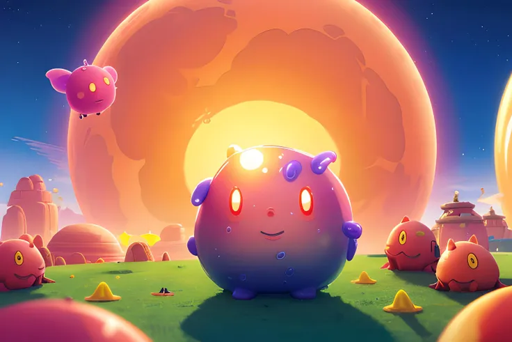 8k, wallpaper, high quality, extremaly detailed, masterpiece, perfect lighting, slime ((farm)), slime rancher, human farmer, sunset in another planet