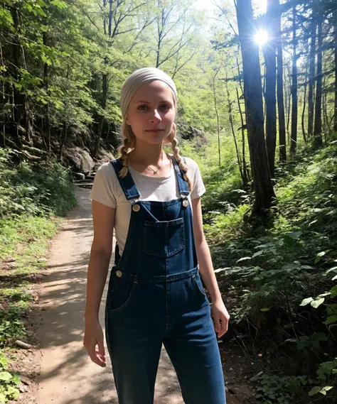 1970s \(style\) photo of fit, thin 21 year old jp-SvetaF ,Braided crown, sunkissed glow, Denim overalls, bandana, clogs, Hiking trail with a vintage film camera, Panasonic Lumix GH5S, 25mm f/1.7, 1/320s, ISO 200
