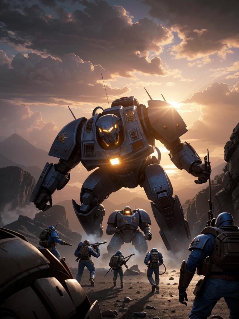 A group of people in space suits standing in front of a giant robot ...
