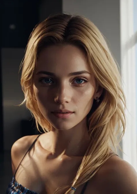 A close up of a woman with long blonde hair and a blue dress - SeaArt AI