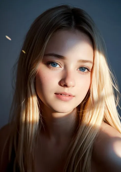 model shoot style, (high-quality, masterpiece, close portrait:1.4, 4k full HD photo) of a (young girl), (long hair, blonde hair, beautiful face:1.4, pretty face:1.2), (ecstasy of light and shadow, volumetric light and shadows:1.3), (contest winner photo by lee jeffries, greg rutkowski and magali villanueve)