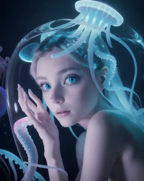 Photo of a stunning naked ethereal gorgeous humanoid alien girl. She appears to be half human and half jellyfish, Synthetic jellyfish look. Detailed face. Perfect eyes, highly detailed beautiful expressive eyes, detailed eyes. Her body is a sleek white porcelain. Elongated arms and legs. (A jellyfish with large eyes sits on her head. Multiple Bioluminescent Tentacles come from her head:1.2). Sleek futuristic look. Erotic and sensual. Large Perky breasts. Sleek Shaved vagina. Underwater in an alien landscape. Trapped in a small glass enclosed aquarium. Sad pleading, eyes. Sterile, portrait photography, cinematic. 8k, RAW photo, best quality, ultra high res, intricate, photorealistic, masterpiece, ultra-detailed, crisp, vivid dynamic lighting. Detailed features, organic forms, meticulous portraiture, complex patterns, transparent, surreal visuals. Color scheme is shades of blue and pink. Reference Octopus, squid, jellyfish.