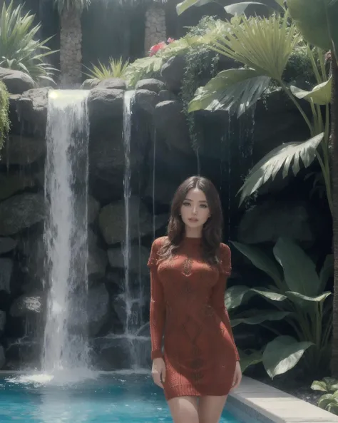 Standing in a luxurious pool, (artificial waterfall:1.1), tropical plants. (Wearing a knit Bodycon Dress:1.2). Beautiful expressive eyes, detailed eyes. Beautiful sunny day. Vivid imagery, rich details, clear shadows and highlights, realistic, highly detailed, 35mm photograph, film, professional, highly detailed dynamic lighting, photorealistic, 8k, raw, rich, intricate details, key visual.