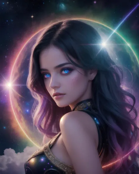 Erotic sexy cosmic entity. Celestial heavenly body. Highly Detailed Futuristic apparel. Surrounded by cloud of glowing gas. Serious. Dark starry sky in the background with galaxies, pastel colors. Perfect eyes, highly detailed beautiful expressive eyes, detailed eyes, 35mm photograph, film, bokeh, professional, highly detailed dynamic lighting, photorealistic, 8k, raw, rich, intricate details, key visual, bright vivid colors, backlight, lens flare.