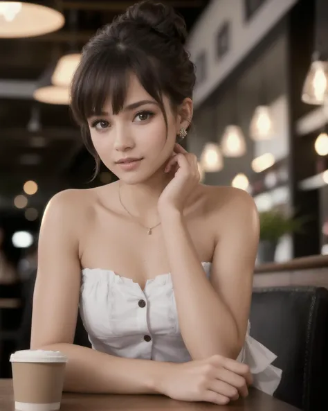 Upper body professional photo. 1Female. Extremely cute. Wearing strapless button down tube top. Short skirt. Hair in Chignon style. In a coffeehouse at a table looking at her laptop. Highly detailed beautiful expressive eyes. 35mm photograph, film, bokeh, professional, 4k, highly detailed dynamic lighting, photorealistic, 8k, raw, rich, intricate details.