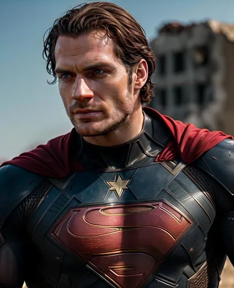 Henry cavill superhero, upper body,cinematic, movie, grain movie (2023s)1boy, building destroyed , realistic , (8k, RAW photo, best quality, masterpiece:1.2), (realistic, photo-realistic:1.33), best quality, detailed eyes blue, cute,natural lighting, depth of field, film grain, wrinkled skin, sharp,