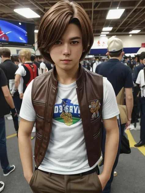 best quality, masterpiece, highres, detailed, digital illustration, <lora:Detail - add_detail:0.2>, JojoHayato, jojo pose, brown hair, brown eyes, vest, t-shirt, pants, <lora:Character - JoJoHayato:0.4>, cosplay, realistic, anime convention, young adult,