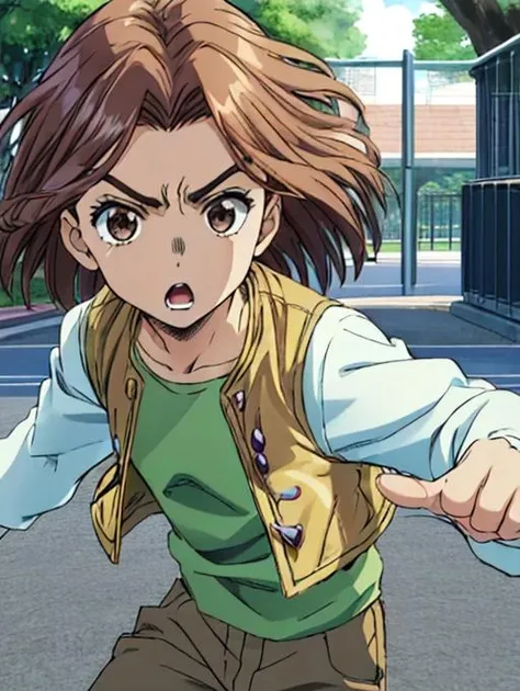best quality, masterpiece, highres, detailed, digital illustration, <lora:Detail - add_detail:0.2>, JojoHayato, jojo pose, brown hair, brown eyes, vest, t-shirt, pants, <lora:Character - JoJoHayato:0.8>, male child, fight, park, surprised