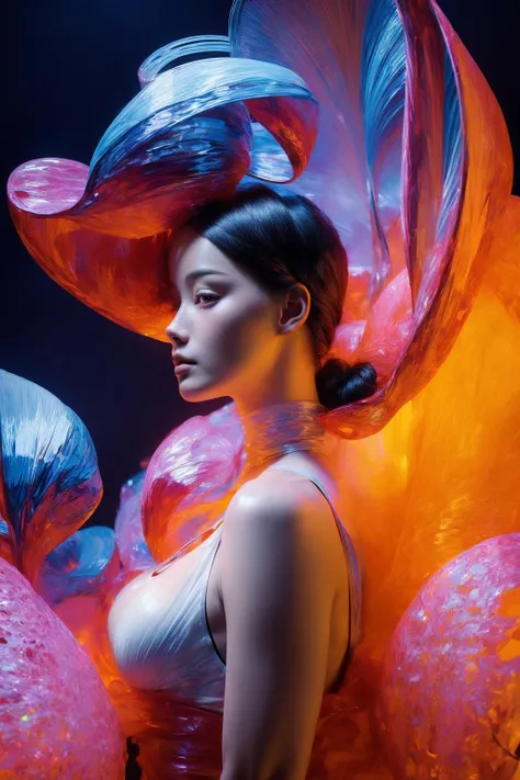 a beautiful alien woman, her skin, body and face is composed of heavy liquid jelly, liquid crystal, transparent paint, slightly tinged with random colors, bright and bright colors, emits the paint emits a faint light can be seen through her skin and body, her body melts with thick gelatinous liquid dripping fire liquid, molten gold, surrounded by glitter, stars.
