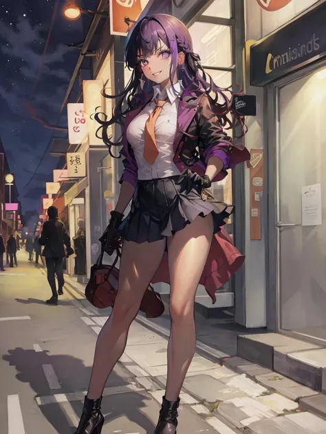 (best quality), (ultra-detailed), (best illustration), (best shadow), masterpiece, high res, intricate details, tonemapping, sharp focus, hyper detailed, absurdres, (1girl, solo), kyokodg, purple hair, purple eyes, purple clothes, necktie, gloves, BimboT, full body, brown hair, <lora:concept_bimbofy_LOCON_changeACharacterBimbofy_v10:1>, standing, night time, busy city sidewalk, seductive smile, parted lips