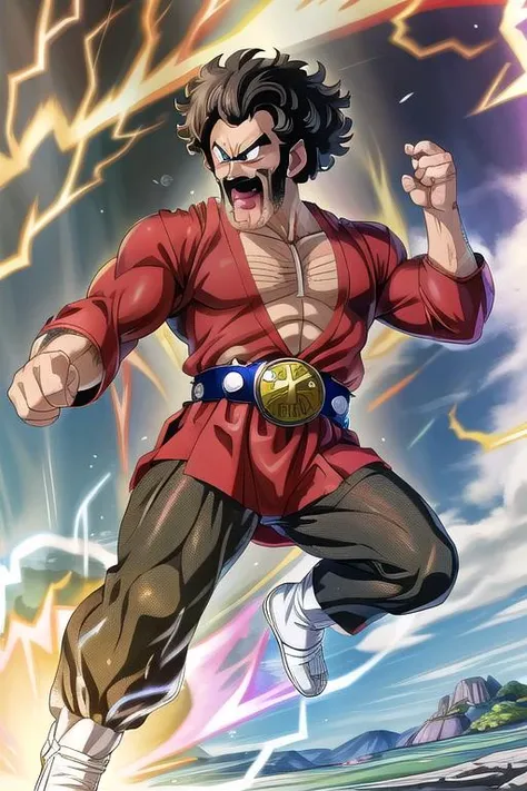 masterpiece, best quality,ultra detail, <lora:anmnr01:0.3> <lora:add_detail:0.5>,<lora:GoodHands-vanilla:0.8>,1man,mr satan, black hair, blue eyes, afro, chest hair, sideburns,mustache <lora:mrsatan_v0_1_prod:0.7>,rocky place,black championship belt,dynamic angle,open mouth <lora:largecirclemouth_v100:1>,flash effect,rider kick <lora:RiderKick:0.8>