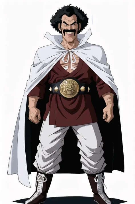 1man, solo, (best quality, masterpiece), white background , adult, mature, mr satan, 1boy, facial hair, male focus, afro, solo, black hair, chest hair, mustache, white cape, full body, smile, pectoral cleavage, white background, championship belt, white pants, looking at viewer, black boots, brown dougi, standing, <lora:mrsatan_v0_1_prod:0.8>