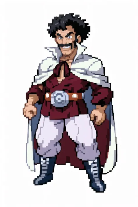 1man, solo,  (best quality, masterpiece), white background , Pokemon_Trainer, PixelArt , <lora:pksp_trainer_test2:0.7>, gen3, adult,  mature, mr satan, 1boy, facial hair, male focus, afro, solo, black hair, chest hair, mustache, white cape, full body, smile, pectoral cleavage, white background, championship belt, white pants, looking at viewer, black boots, brown dougi, standing,  <lora:mrsatan_v0_1_prod:0.8>