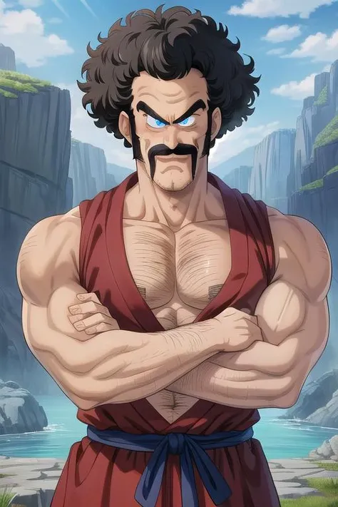 mr satan,1boy, solo,cowboy shot, black hair,blue eyes, (blue dougi),brown championship belt,yellow pants,(red cape),smirk, brown tank top,flexing,looking at viewer,mustache,afro, gym, lifting weight with dumbbells, indoors,looking at viewer,chest hair,muscular male,(best quality, masterpiece)  