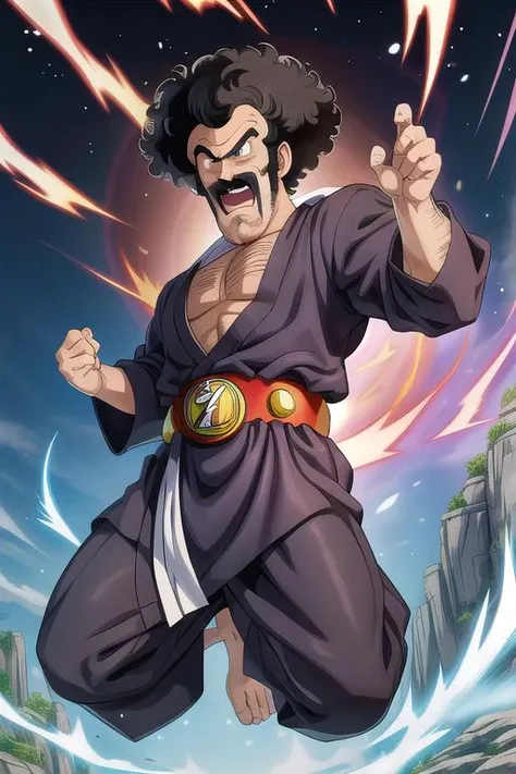 masterpiece, best quality,ultra detail, <lora:anmnr01:0.3>  <lora:add_detail:0.5>,<lora:GoodHands-vanilla:0.8>,1man,mr satan, black hair, blue eyes, afro, chest hair, sideburns,mustache <lora:mrsatan_v0_1_prod:0.7>,rocky place,black championship belt,from below,open mouth,flash effect,jump