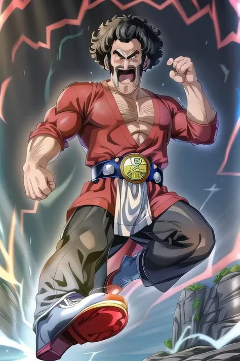 masterpiece, best quality,ultra detail, <lora:anmnr01:0.3> <lora:add_detail:0.5>,<lora:GoodHands-vanilla:0.8>,1man,mr satan, black hair, blue eyes, afro, chest hair, sideburns,mustache <lora:mrsatan_v0_1_prod:0.7>,rocky place,black championship beltfrom below,open mouth <lora:largecirclemouth_v100:1>,flash effect,rider kick <lora:RiderKick:0.8>