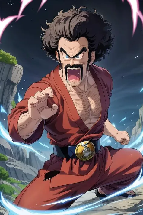 masterpiece, best quality,ultra detail, <lora:anmnr01:0.3> <lora:add_detail:0.5>,<lora:GoodHands-vanilla:0.8>,1man,mr satan, black hair, blue eyes, afro, chest hair, sideburns,mustache <lora:mrsatan_v0_1_prod:0.7>,rocky place,black championship belt,fighting stance,dynamic angle,open mouth <lora:largecirclemouth_v100:1>,flash effect