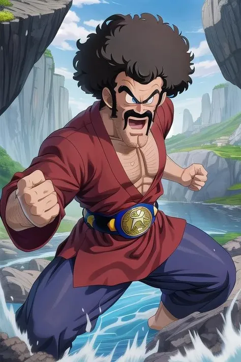 masterpiece, best quality,ultra detail, <lora:anmnr01:0.3> <lora:add_detail:0.5>,<lora:GoodHands-vanilla:0.8>,1man,mr satan, black hair, blue eyes, afro, chest hair, sideburns,mustache <lora:mrsatan_v0_1_prod:0.7>,rocky place,black championship belt,fighting stance,dynamic angle,open mouth