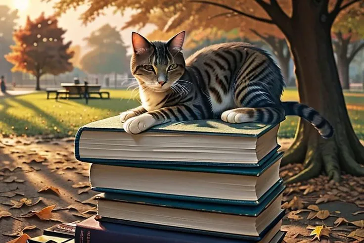 a well-fed cat sleeps on a stack of books in an autumn park in the rays of the setting sun (OverallDetail, advntr)