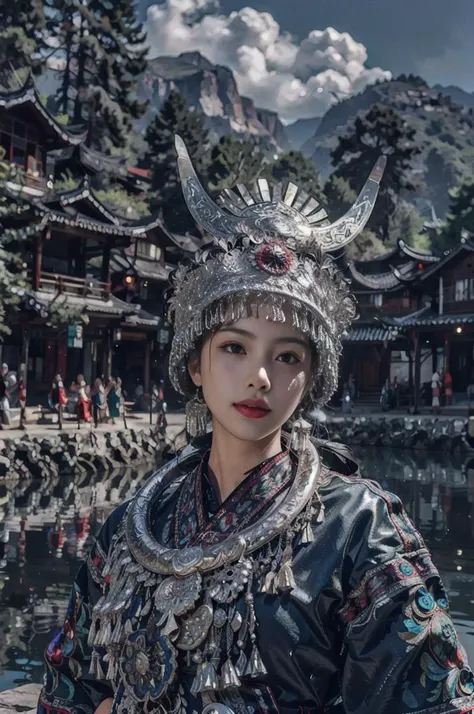 best quality, masterpiece, photo realistic, intricate details, raw photo, photon rendering, octane render, absurdres, ultra detailed, detailed face, detailed skin, trending on artstation,8k masterpiece,cinematic lighting, weapon,Miao nationality, Miao village, silver ornaments, <lora:HmongCostume_Cyan:0.4>, <lora:HmongCostume_Horns:0.6>, artist name