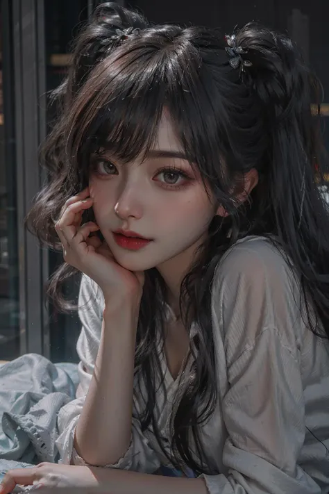 nsfw, 8K raw photo, Best quality, masterpiece, ultra high res, dynamic angle, 1girl, looking at viewer, natural skin texture, realistic eye and face details, full lips, lipstick, rouge \(makeup\), red eyeshadow, little smile, dynamic pose, (black | white:1.3 hair), fluffy long hair, twintails, beautiful legs, tall female, skinny, slim_legs, night scene, dark, a stunning photo with beautiful saturation by Emily Soto, Complex background, sultry, seductive, wet shirt, <lora:asianGirlsFace_v2:0.6>