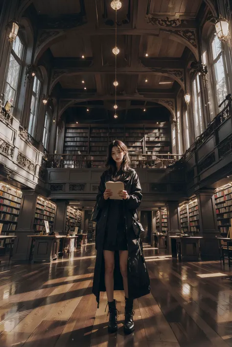 a girl standing in the middle of a massive modern library in the style of Tianjin Library, books everywhere the eyes sees, highest detailed, realistic lighting, RAW photo, best quality, masterpiece, wide angle, spacious, extremely tall ceiling, artistic architectural photography