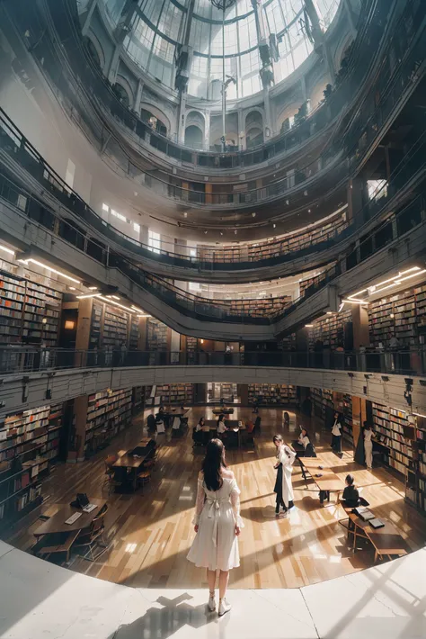 RAW photo, best quality, masterpiece, realistic lighting, photo realistic, soft lighting, soft glow from othe lights, best quality, from behind, a girl wearing a long white dress, standing on the facade near the railing, in the middle of a massive modern library in the style of Tianjin Library, highly glossy and reflective flooring, modern white bright ((bright white color palette)), architecture, spacious, extremely tall ceiling, artistic architectural photography ,futuristic lines and architecture, massive sized gargantuan library space, massively open space, books everywhere the eyes sees, bright white library, concrete matte interior, clean minimalist architecture, semi reflective floor, neon lights, ultra wide angle, orange neon glow on the first floor