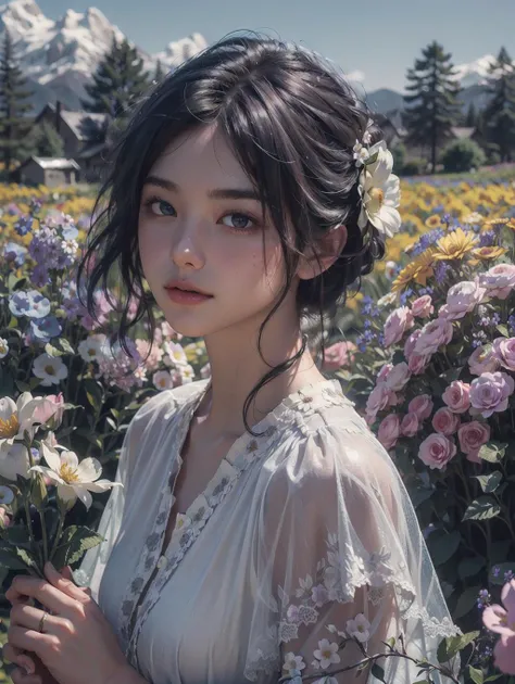 (photorealistic:1.4), official art, unity 8k wallpaper, ultra detailed, beautiful and aesthetic, masterpiece,best quality, glowing skin, (flower field:1.4)