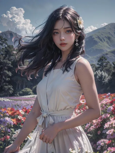 (photorealistic:1.4), official art, unity 8k wallpaper, ultra detailed, beautiful and aesthetic, masterpiece,best quality, glowing skin, (flower field:1.4), waist up, white dress