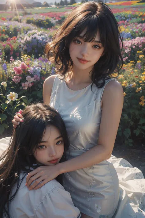2girl, young, kissing each other, (photorealistic:1.4), official art, unity 8k wallpaper, ultra detailed, beautiful and aesthetic, masterpiece,best quality, glowing skin, (flower field:1.4), dynamic angle, light smile, white dress, lens flare,