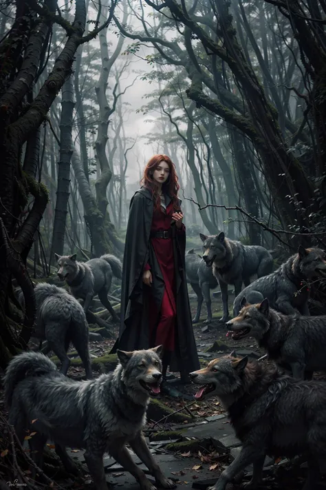 8K raw photo, Best quality, masterpiece, ultra high res, 1girl, looking at viewer, natural skin texture, realistic eye and face details, full lips, lipstick, rouge \(makeup\), red eyeshadow, red hair, fluffy long hair, little smile, beautiful legs, tall female, skinny, slim_legs, sitting, A dark and forbidding forest, filled with dangerous creatures and hidden secrets, leads Alice on a journey of discovery and redemption, as she battles her way through treacherous terrain and faces off against the queen who rules over the kingdom with an iron fist. The scenes are richly detailed, with intricate descriptions of the creatures, landscapes, and treasures that Alice encounters along the way,  <lora:fashionGirl_v53:0.5>