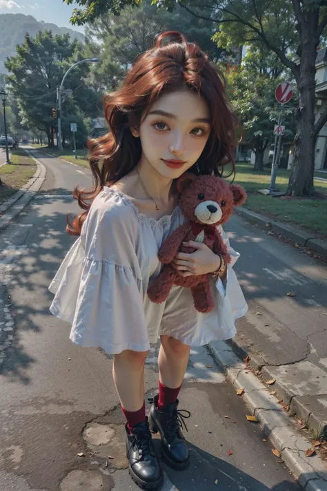 8K raw photo, Best quality, masterpiece, ultra high res, dynamic angle, natural skin texture, realistic eye and face details, full lips, lipstick, rouge \(makeup\), red eyeshadow, little smile, 1girl, solo, full body, standing, looking at viewer, stuffed toy, stuffed animal, teddy bear, holding stuffed toy, long hair, (red hair:1.3), white dress, nature, dress, tree, many flowers, photo background, forest, outdoors, black footwear, shoes, day, socks, plant, scenery, <lora:Cnbeauty5_v1:0.7>