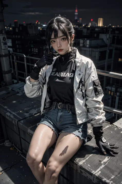 hard candy, white, techwear jacket, black gloves, denim shorts, tokyo, high tower rooftop, night
