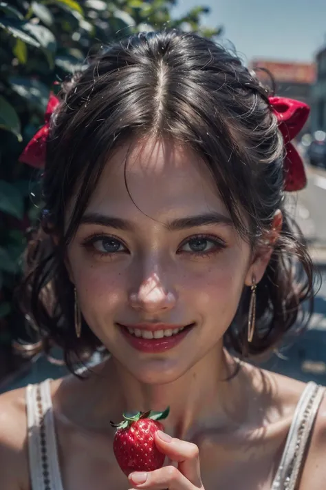 plump face, white teeth, charming, black eyes, milf, 1girl, face view, (smlie:1.5), holding strawberry, biting strawberry, lip biting, strawberry on mouth, close-up, (looking at viewer:1.2), pale skin, blush, white skin, outdoors, garden, sunlight, hair ribbon, , earrings, young,
cure sunshine, nails, strawberry tree, young girl,
(RAW photo, best quality),(realistic, photo-realistic:1.3),(extremely delicate and beautiful:1.1),Amazing,finely detail,masterpiece,ultra-detailed,highres,best illustration,best shadow,intricate,(extremely intricate:1.2),(exquisitely detailed skin),cinematic light,perfect anatomy,(coolcolor:1.4),sharp focus,volumetric fog,8k UHD,DSLR,high quality,( film grain:1),Fujifilm XT3,
<lora:LowRA:0.3>, <lora:add_detail:0.5> <lora:hipoly_3dcg_v7-epoch:0.1> <lora:Dalcefo_v3_Painting_Kappa-LoRA300:0.1> <lora:kwFemaleDim256_v11:0.3>