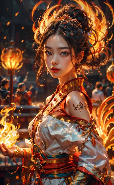 <lora:A_Fire_yuhuoshu:0.7>, Fire, Yohuoshu, ((best quality)), ((masterpiece)), (detailed), 1girl, Perfect Body, 18 years old, small breast, portrait of a girl with small breasts who is a fire bender and has a phoenix pet. Her face is exquisitely detailed, with captivating and gorgeous eyes that draw you in. She is dressed in a vibrant Chinese festival outfit, adorned with intricate details and adorned with flower patterns. The outfit is complemented by elegant earrings and jewelry, adding to her enchanting appearance. As she walks through Harajuku, the atmosphere is cinematic and splendid, with neon lights illuminating the surroundings and creating a bokeh effect. The background is intentionally blurry, emphasizing the focus on the girl and her captivating presence. Her flowing hair cascades down, seemingly glowing and catching the light, while flames dance around her, symbolizing her fire bending abilities. The scene is further enhanced by the presence of a lion dance, adding an element of cultural celebration and vibrancy. Fireworks burst in the sky, adding a sense of excitement and spectacle. The level of detail in the artwork is hyper-detailed, ensuring that every aspect of the composition is intricately rendered. Camera angle: A medium close-up shot captures the girl's face and upper body, emphasizing her striking features and the intricate details of her outfit. The camera angle is slightly tilted to add dynamism and enhance the cinematic feel of the scene, Haircut model by Curtain bangs, possed is Shoulder forward pose, sharp black, shooting angle is Rim lighting shot, time is Golden Hour, colored hair is Iridescent rainbow hair,
BREAK,
hyper realistic, intricate design, insanely detailed, extremely fine details, Extremely sharp lines, cinematic lighting, Photo realistic, a detailed painting by Esao Andrews and Anton Fadeev, Raw photo, high detailed, 8k, UHD, dslr, softlighting, HDR, warm light, high quality, film grain, fujifilm XT3, photorealistic, masterpiece, best quality, hyper-detailed, 8K, warm lighting, soft lighting, masterpiece, best quality, detailed, highest quality, ultra detailed, highres, cinematic light, splendid and colorful, out of focus, RAW photograph, art portrait, absurdres, high contrast, colorful, highest details,
