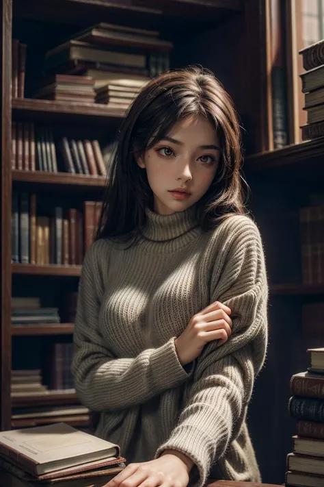 best quality, masterpiece, absurdres, ((1girl)), library, books, stacked books, indoors, warm lights, <lora:add_detail:1>, <lora:LowRA:0.6>