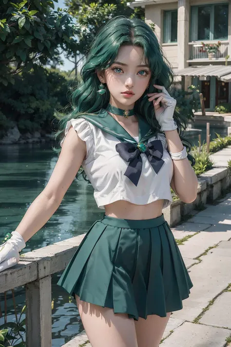 close-up, 1girl, sailor neptune, aqua eyes, dark green hair, medium hair, (sailor senshi uniform:1.1), plead skirt, bow, dynamic posture, Dynamic background, , best quality, masterpiece, high resolution, intricate details, (( realistic )), photographic, earrings, jewelry, white gloves, <lora:GirlfriendMix2:0.8>, Medium breast, full body, white gloves, sailor collar
<lora:Kizuki - Sailor Moon - Sailor Neptune:0.7>
