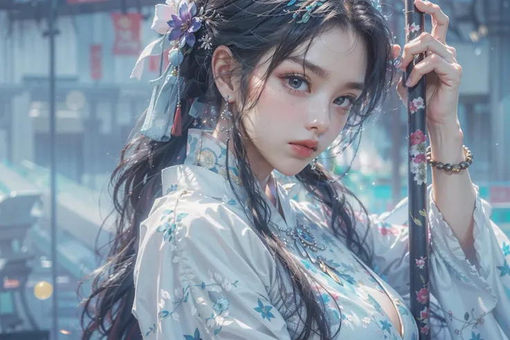 <lora:zhongfenghua:0.3> 1girl, solo, white see through hanfu, ancient chinese architecture, large breast out, (photorealistic:1.4), official art, unity 8k wallpaper, ultra detailed, beautiful and aesthetic, masterpiece,best quality, (dynamic angle:1.4), glowing skin, (floating colorful sparkles:1) the most beautiful form of chaos, elegant, a brutalist designed, vivid colours, romanticism <lora:HaremDancer_v1:0.5>