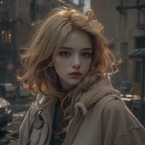 Best quality, masterpiece, ultra high res, (photorealistic:1.4), atmospheric depth, subtle gradations, dimly lit, harmonious composition, evocative mood,lifelike rendering, immersive atmosphere, chiaroscuro, moody lighting,
(Industrial Style),outdoor,
blond hair,(half naked:0.8),fleece coat,emotional,