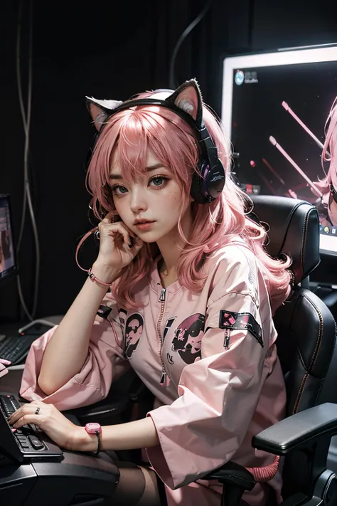 1girl, pink hair, cat ear earphones, gaming chair, dark background, screen, computer, gaming, sitting, <lora:add_detail:1>